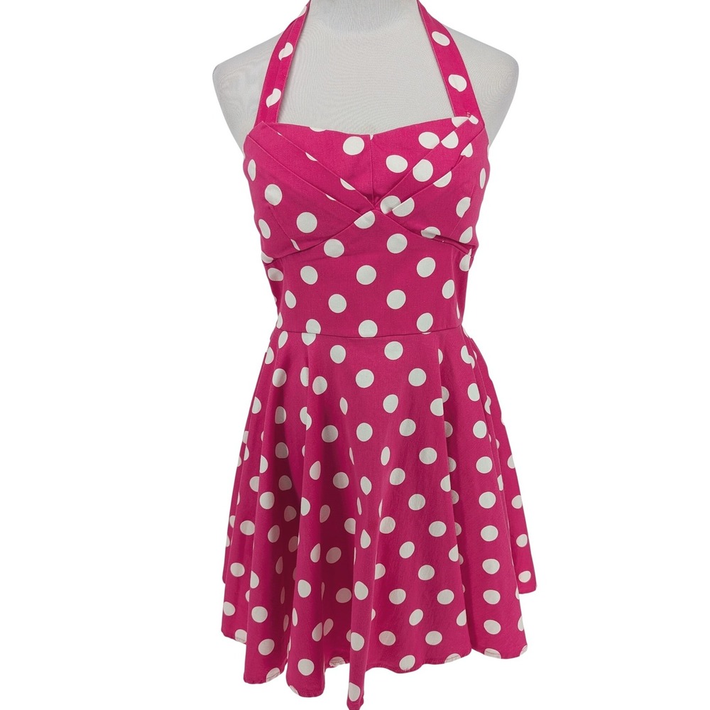 Ixia Hot Pink Polka Dot Dress Small Halter Rockabilly Fit Flare Retro Pinup Mod